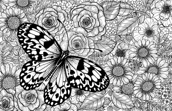 Cerf Volant Papier Papillon Sur Fond Avec Diverses Fleurs Roses — Image vectorielle