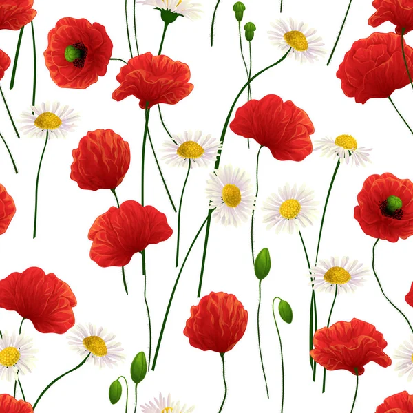 Seamless Pattern Made Daisy Poppy Flowers — Stock Vector
