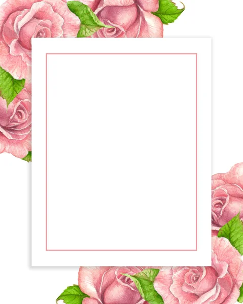 Temlate design with pink roses painted with watercolors and space for text.