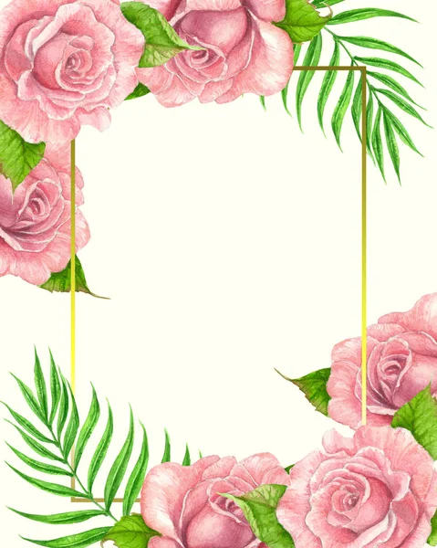 Temlate Design Pink Roses Tropical Leaves Painted Watercolors Golden Frame — Stock Photo, Image