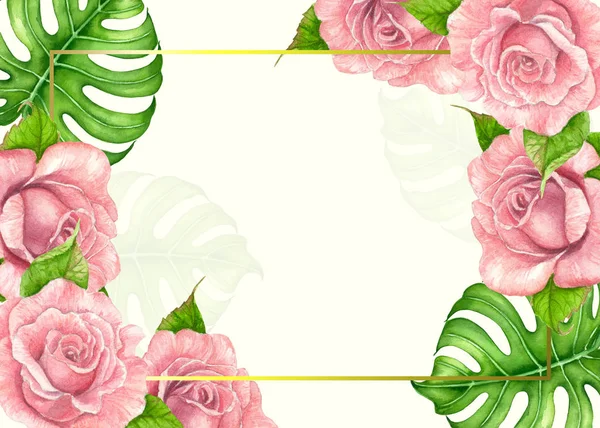 ピンクのバラと熱帯 Temlate デザイン水彩画 ゴールデン フレーム テキストのためのスペースと塗装の葉します — ストック写真
