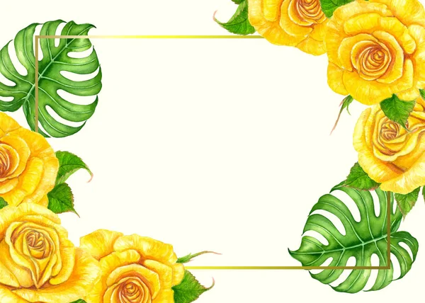 黄色のバラと熱帯 Temlate デザイン水彩画 ゴールデン フレーム テキストのためのスペースと塗装の葉します — ストック写真