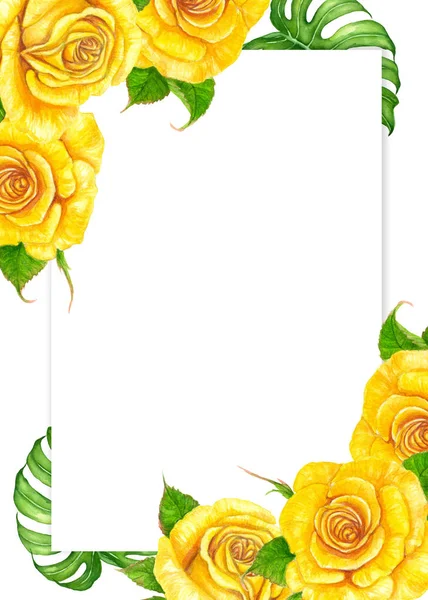 Diseño Temlate Con Rosas Amarillas Pintadas Con Acuarelas Espacio Para — Foto de Stock
