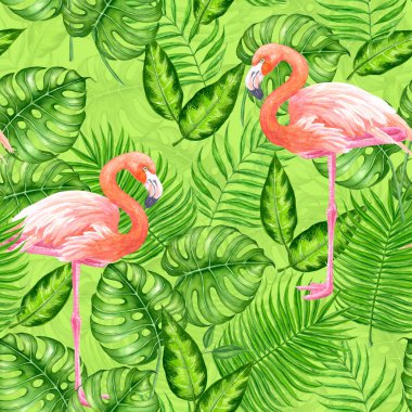 Flamingo kuşları ve tropikal yaprak ile Dikişsiz suluboya desen tasarım.