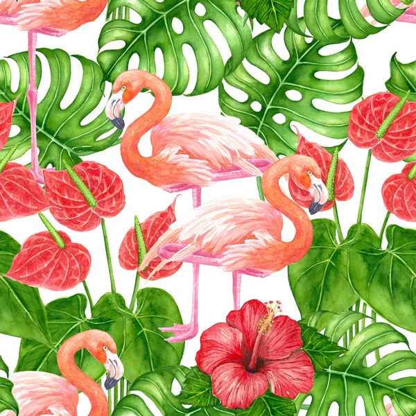 Padrão Tropical Sem Costura Com Flamingos Tropicala Folhas Flores Pintadas — Fotografia de Stock