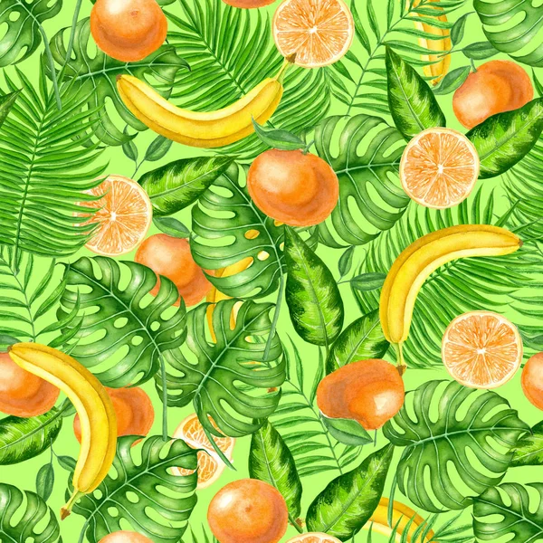 Varrat Nélküli Trópusi Mintával Készült Levelek Narancs Banán Akvarell Festett — Stock Fotó