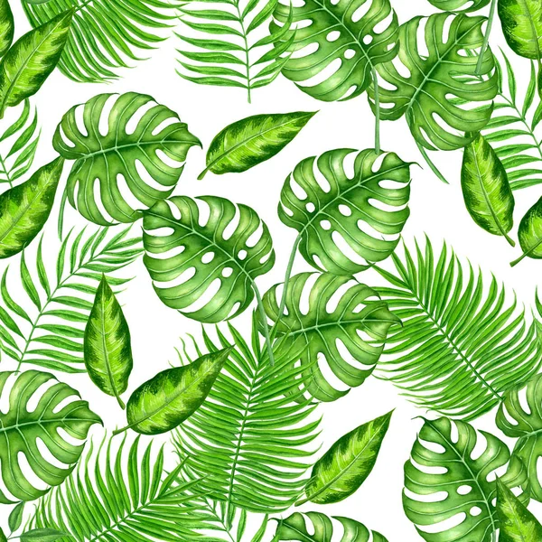 Sömlös Akvarell Mönster Med Tropiska Löv Element För Design — Stockfoto