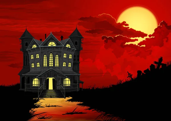 万圣节背景 闹鬼的房子与点燃的窗户 在右侧的墓地剪影 天空大满月背后血红云 — 图库矢量图片