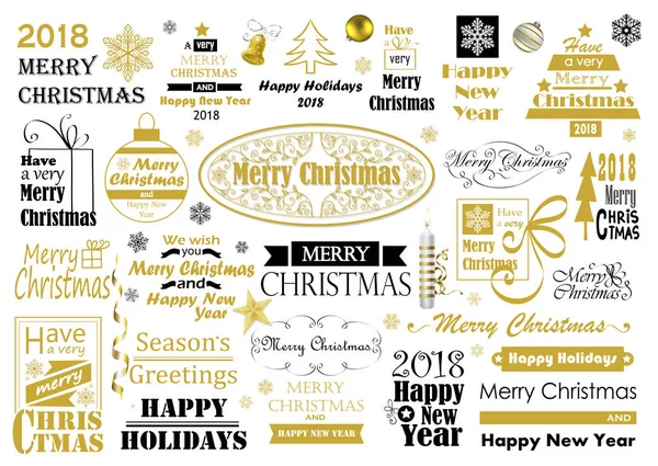 Merry Christmas Typography Set Golden Black Elements Holiday Design Usable — Stock Vector