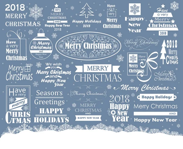 Tipografía Feliz Navidad Ambientada Azul Blanco Elementos Para Diseño Vacaciones — Vector de stock