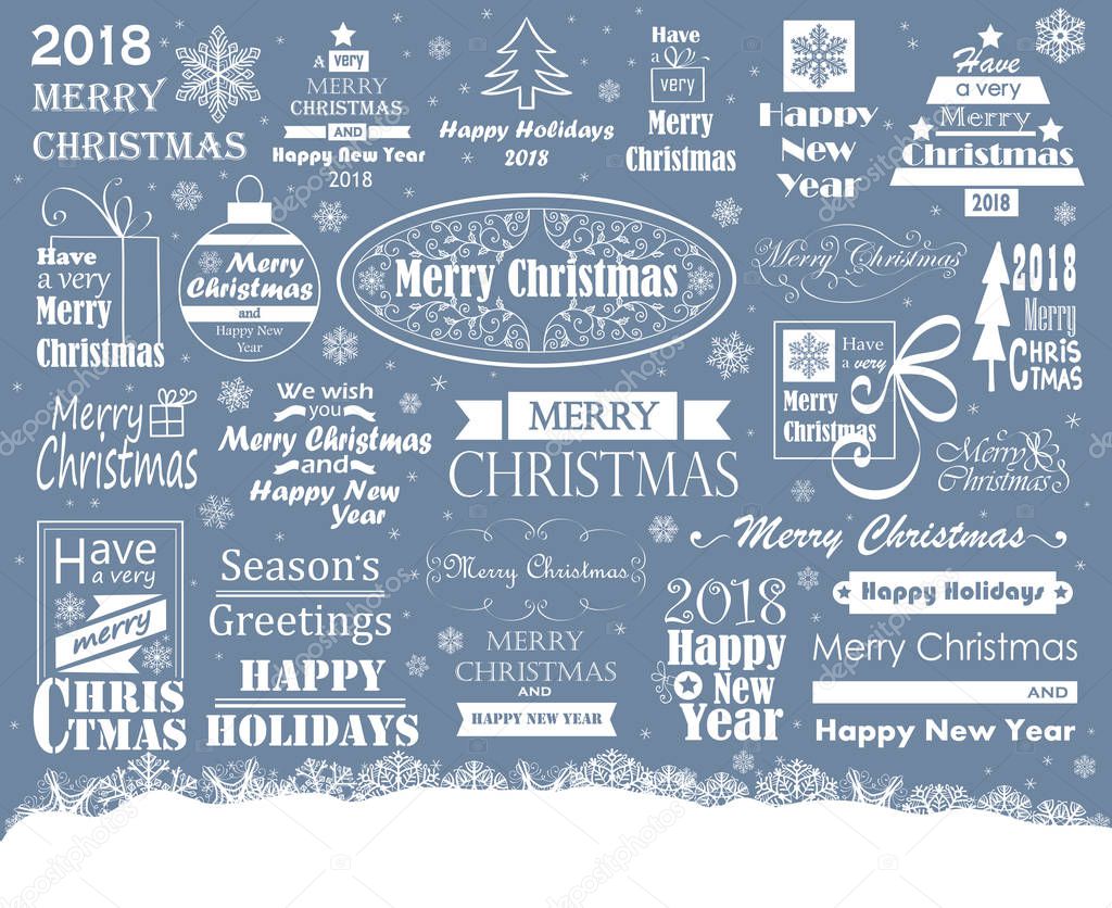 Merry Christmas typography set in blue and white. Elements for holiday design, usable for banners, cards, flyers, gifts ect.