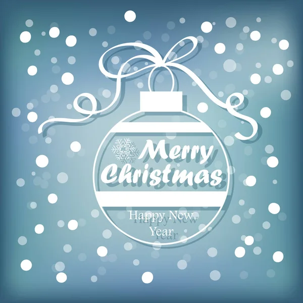 Winterkarte Mit Frohem Weihnachtstext Und Christbaumkugel Auf Blauem Bokeh Hintergrund — Stockvektor