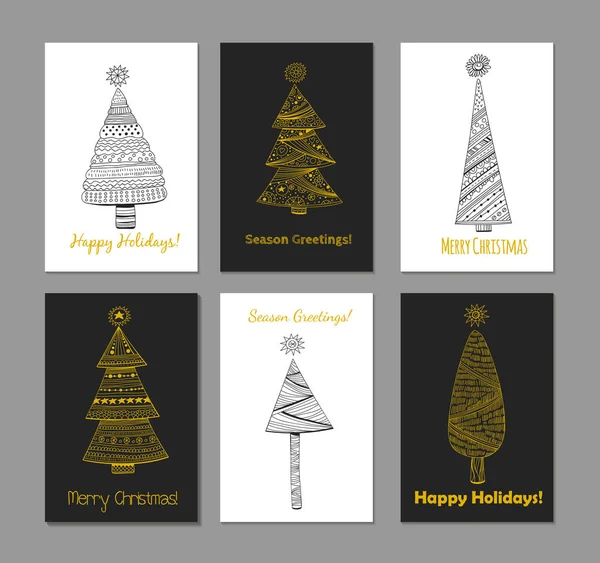 Set Christmas Cards Doodle Trees Black Golden — Stock Vector