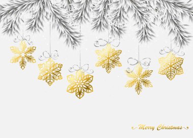 Altın kar tanesi süsler ve Merry Christmas tipografi ile süslü çam dalları.
