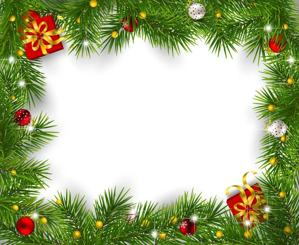 Frame Van Spar Takken Versierd Met Kerstballen Giften Witte Achtergrond — Stockvector