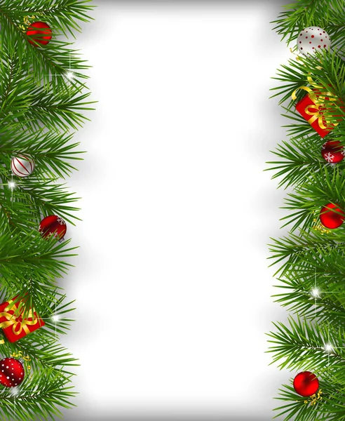 Hranice Větve Jedle Zdobené Ozdoby Dárky Bílém Pozadí Vánoční Pozadí — Stockový vektor