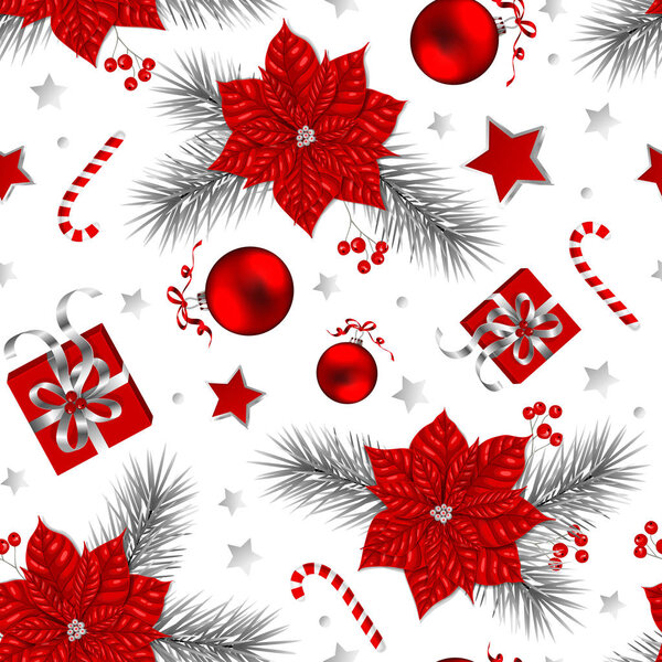 Seamless Christmas pattern with gifts, baubles, stars, poinsettia and fir branches. Element for holiday design suitable for backgrounds of flyers, banners,greeting cards and etc.