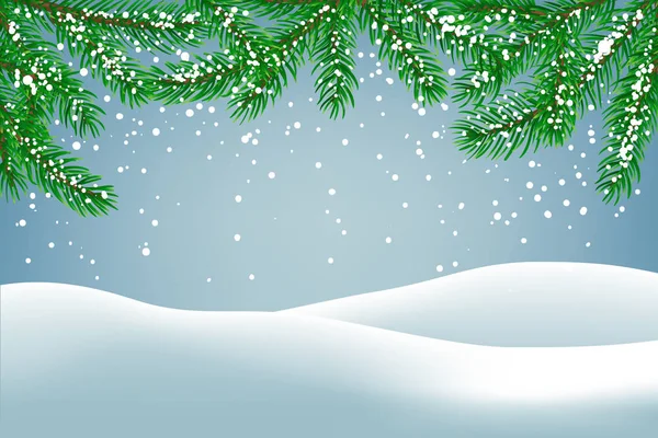 Zimní Pozadí Padajícím Sněhem Jedlové Větve Zem Pokrytá Sněhem Vánoční — Stockový vektor
