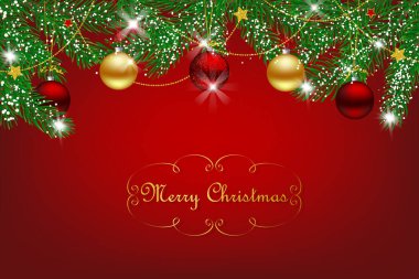 Noel tasarım ile çam dalları baubles yıldız ve kırmızı zemin üzerine çelenk süslenmiş.