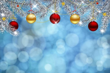 Noel tasarım ile çam dalları baubles yıldız ve metin için yer ile mavi bokeh arka plan üzerinde çelenk süslenmiş.