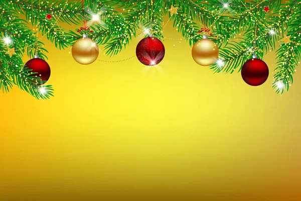 つまらない星と金色の背景にテキスト用のスペース上花輪で飾られたモミの枝でクリスマス デザイン — ストックベクタ