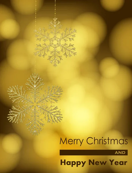 金色キラキラ雪の結晶オーナメントと黄金ボケ背景にメリー クリスマスの文字体裁のクリスマス デザイン — ストックベクタ