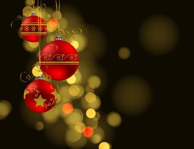Noel arka plan. Üç kırmızı baubles metin için yer karanlık bokeh zemin üzerine altın süslemeli.