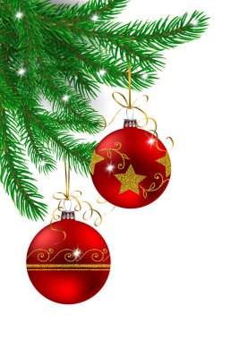 Çam dalları metin için yer beyaz zemin üzerine kırmızı ve altın Noel baubles ile süsleyin.