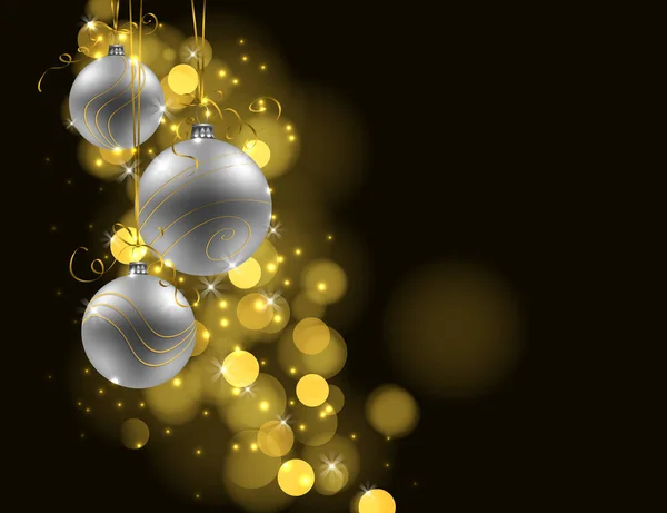 Vánoční Pozadí Tři Stříbrné Ozdoby Tmavém Pozadí Zlatými Světla Prostoru — Stockový vektor