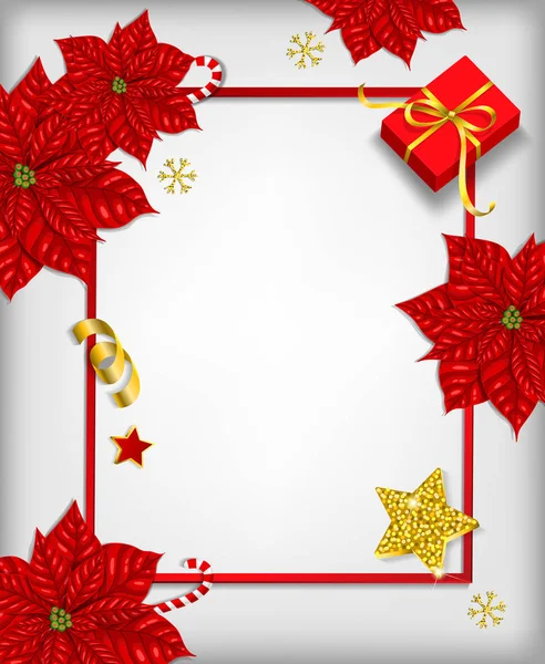 Merry Christmas Background Frame Space Text Poinsettia Gift Decoration — Stock Vector