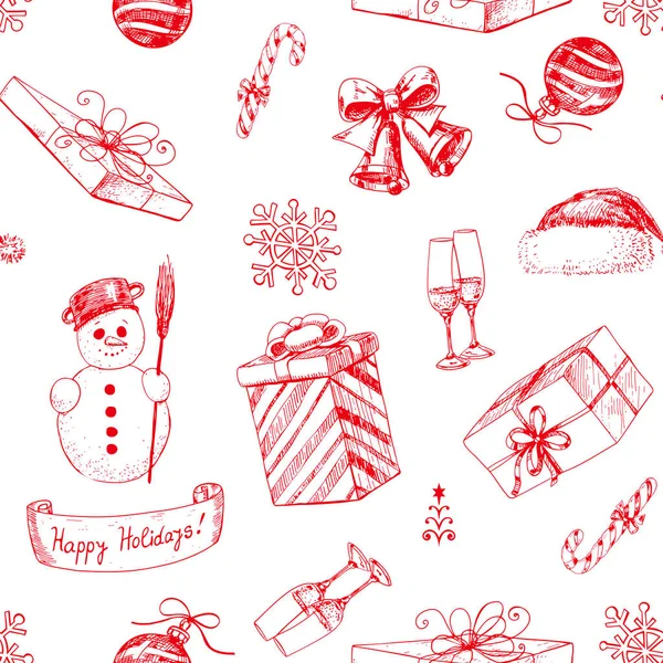 Hand Drawn Seamless Pattern Various Christmas Holiday Related Items Snowman — Stock Vector