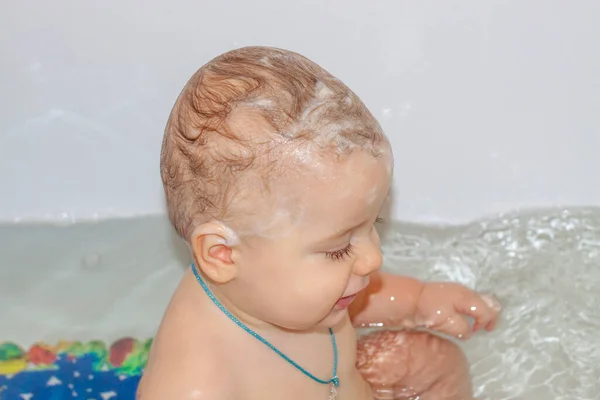 Child Bathing Bath Games Water Bathing Child Toys Bathroom Portrait — Stock Photo, Image