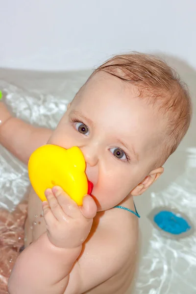 Child Bathing Bath Games Water Bathing Child Toys Bathroom Portrait — Stock Photo, Image