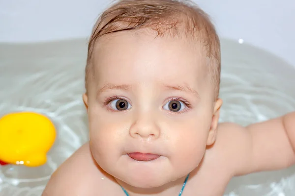 Child Bathing Bath Games Water Bathing Child Toys Bathroom Portrait — Stock Photo, Image