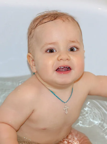 Child Bathing Bath Games Water Bathing Child Toys Bathroom Portrait — Stock Photo, Image