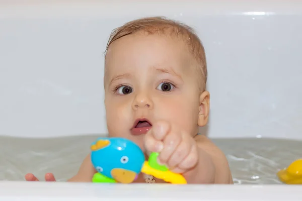 Child Bathing Bath Games Water Bathing Child Toys Bathroom Portrait — Stock Photo, Image