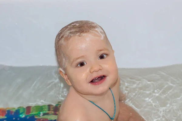 Child Bathing Bath Games Water Bathing Child Toys Bathroom Portrait — Stock Photo, Image