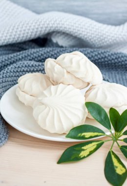 Şekerlemeler. Vanilyalı ev yapımı şekerlemeler. Yeşil doğal yaprak ve ekoseli hafif kompozisyon. Mor çiçek. Tatlı lezzetli tatlı..