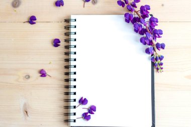 Not defterinde yazmak için güzel mor çiçekler. Grafik çalışmalarının sunumu ve tasarımı için arkaplan.