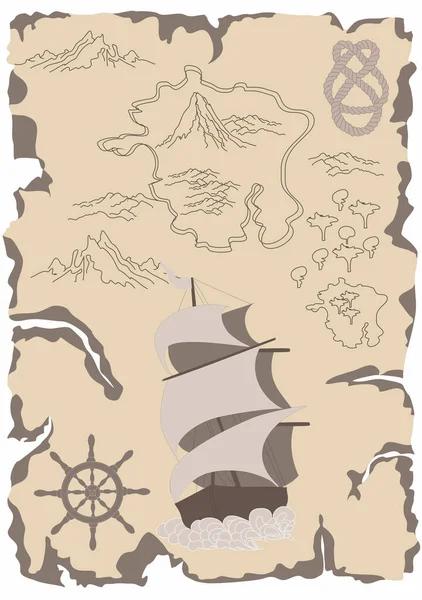 Sketch of a map with a ship. A map with frayed edges. Steering wheel, rope. Illustration, background.