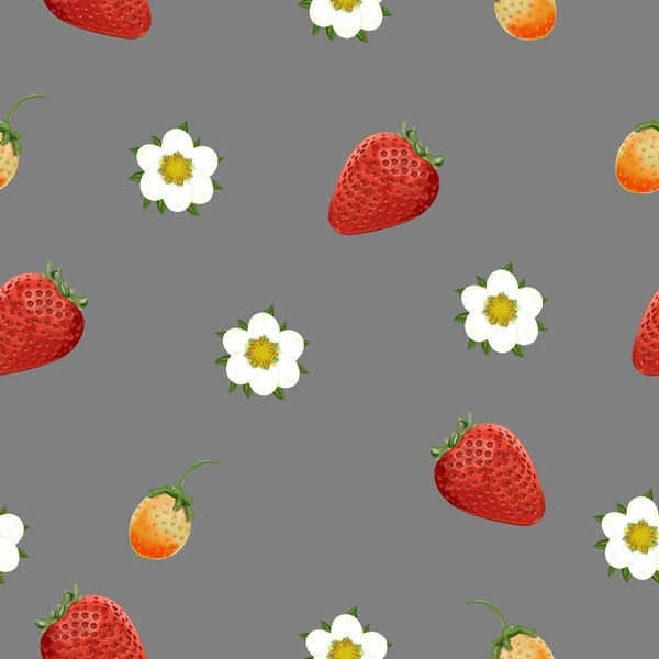 背景要素 草莓和草莓的花朵 灰色背景 — 图库照片