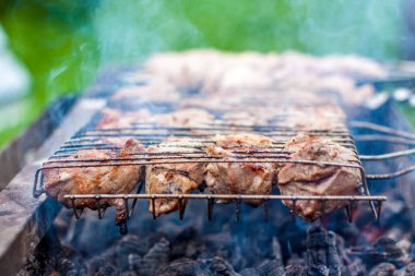 Ateşin üstünde barbekü yapmak. Şişte geleneksel Kafkas kebabı, şişte et pişirme. Şiş kebap ızgarada kızarıyor..