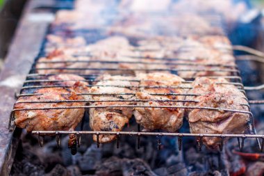 Ateşin üstünde barbekü yapmak. Şişte geleneksel Kafkas kebabı, şişte et pişirme. Şiş kebap ızgarada kızarıyor..