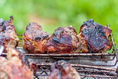 Ateşin üstünde barbekü yapmak. Şişte geleneksel Kafkas kebabı, şişte et pişirme. Şiş kebap ızgarada kızarıyor..