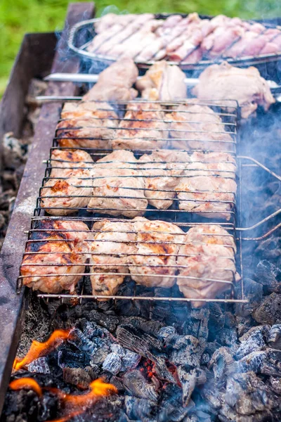 在火上烤烤肉 传统的白种人烤肉串在斜子上 用斜子煮肉 什锦烤面包在烤架上烤 — 图库照片