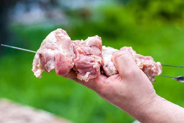 Ακατέργαστο Κρέας Για Μπάρμπεκιου Στη Φωτιά Παραδοσιακό Λευκό Κεμπάπ Σουβλάκι — Φωτογραφία Αρχείου