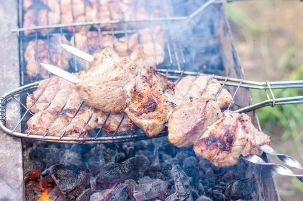 Uvařit Gril Ohni Tradiční Kavkazský Kebab Špejli Vařící Maso Špejlích — Stock fotografie