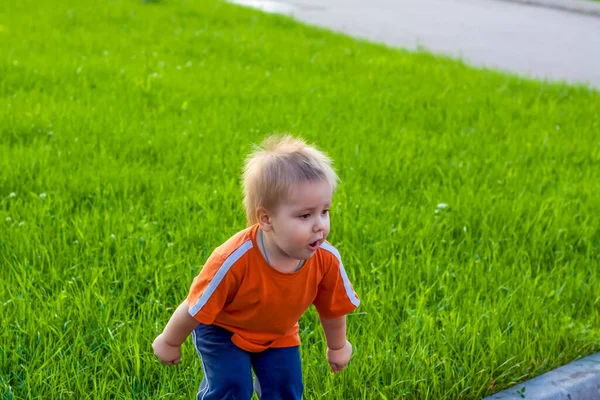 Een Kind Spelen Tuin Baby Emoties Zomer Zonnige Dag Gelukkige — Stockfoto