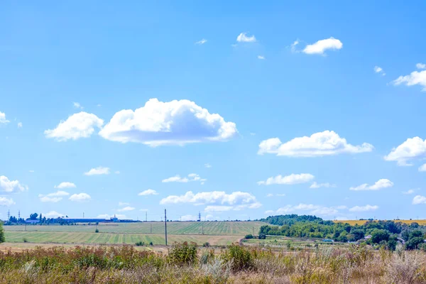 Krajobraz Wiejski Pięknym Niebem Polem Błękitne Niebo Białymi Chmurami — Zdjęcie stockowe