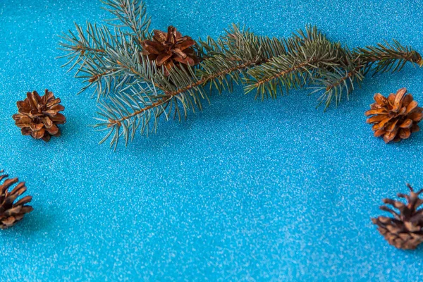 Layout Christmas Elements Blue Shiny Background Spruce Branch Cones Preparing — Stock Photo, Image